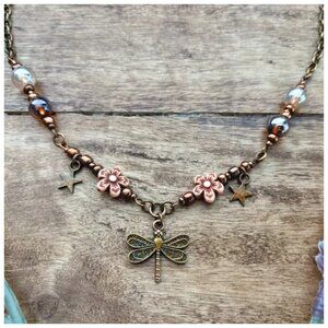 Necklace Vintage Dragonfly Pendant Stars Floral Beads Bohemian Aged Golden Tone